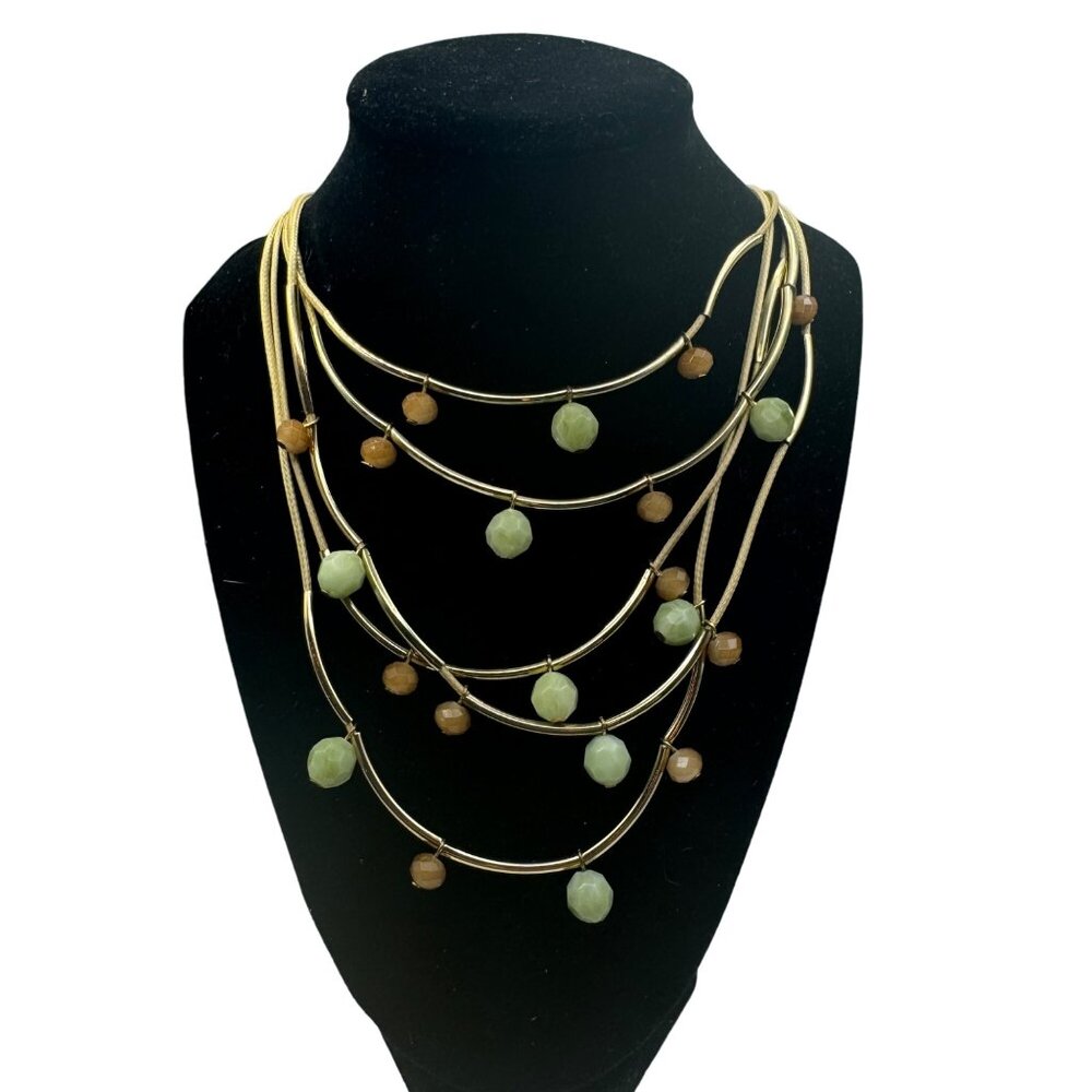 Multi-Strand Gold Necklace With Green & Brown Beads Adjustable Length
